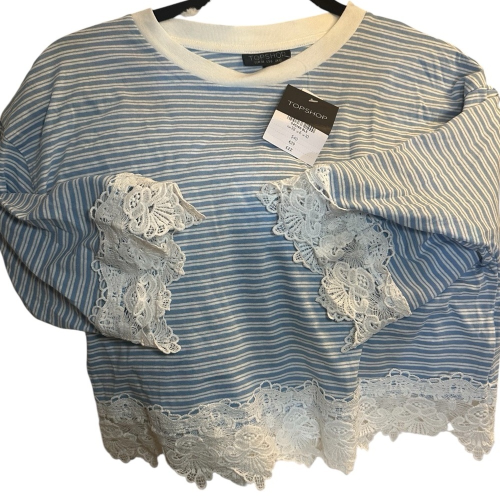Topshop Blue White Stripe Lace Hem Crop Top NWT Size 6 - Picture 4 of 8